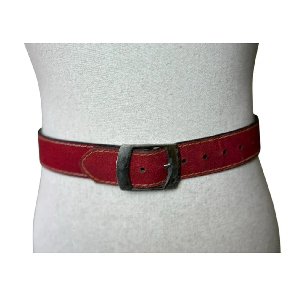 Vtg RED Contrast Stitch Belt Sculptural Buckle Size 34 Heritage 70's Americana